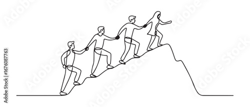 Continuous one line drawing group of people man woman helping each other hike up a mountain. Business, success, leadership, achievement and goal concept. Vector black silhouette. with white background