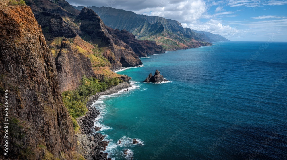 Obraz premium Breathtaking Cliffside View Overlooking Vast Ocean Waves and Landscape