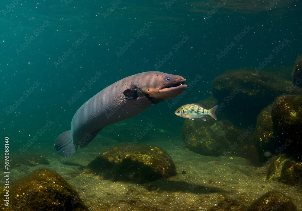 Fototapeta premium Electric Eel and Freshwater Fish Underwater