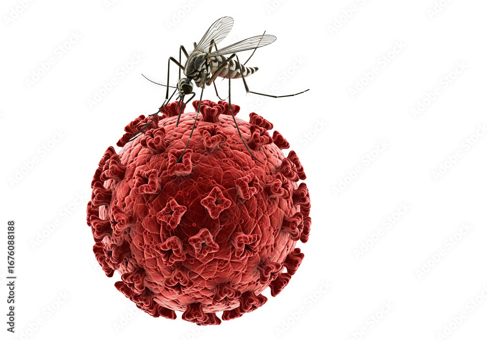 Naklejka premium Mosquito on red virus cell - concept of disease transmission and viral infection