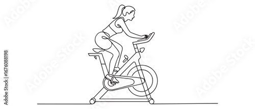 Single continuous line drawing of young sportive woman training endurance with static bike in sport gymnasium club center. Fitness stretching concept. Vector black silhouette. with white background