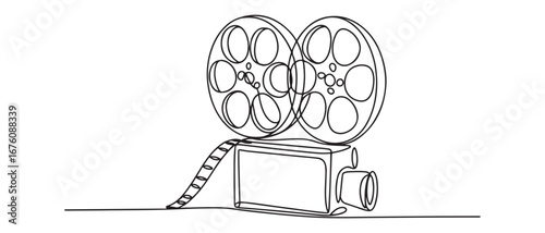 Single continuous line drawing stack of retro old classic cinema video film reels. Vector black silhouette. with white background