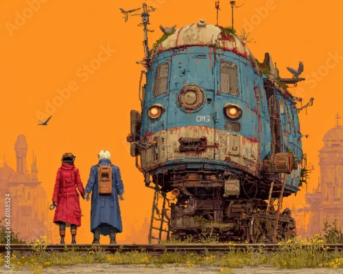 Two Travelers Contemplating a Rusty Blue Train in a Post Apocalyptic Cityscape