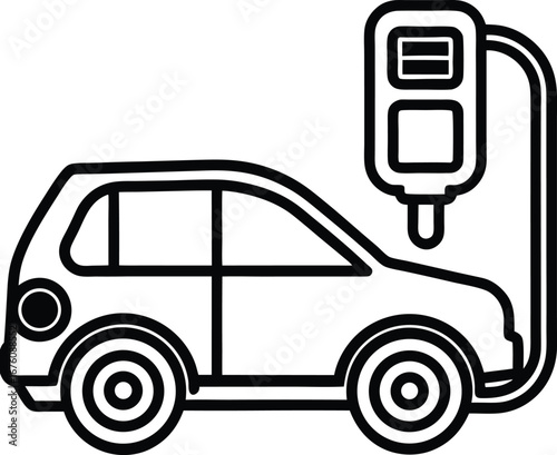Vector art of a compact electric car connected to a charging station, illustrated in a simple, clean line art style