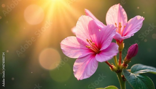 Close-up of delicate pink flowers, soft sunlight illuminating petals, gentle breeze rustling leaves; evokes tranquility and beauty , fragrance, leaves, delightful