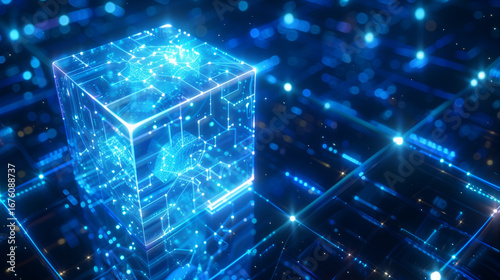 A transparent cube representing a digital blockchain is surrounded by glowing blue lights and complex circuit designs, creating a futuristic atmosphere filled with technological elements