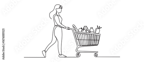 One continuous line drawing young happy female pushing trolley at supermarket while shopping fruits, vegetables, breads, milk. Vector black silhouette. with white background