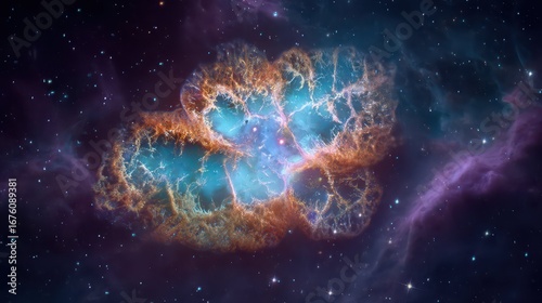 Vibrant Crab Nebula in Cosmic Galaxy Background with Star Elements