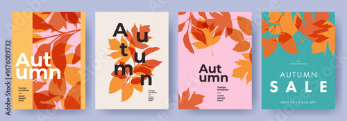 Set of trendy minimal autumn posters or covers with bright beautiful leaves and modern typography. Fall background, Sale banner, or flyer design. Template for advertising, web, social media
