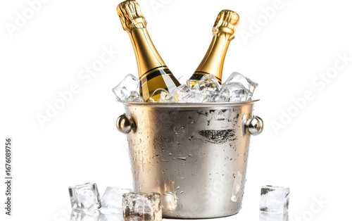 Champagne bottle in ice bucket isolated on white background, png