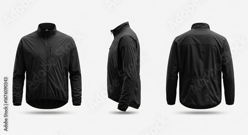 Black Lightweight Cycling Jacket Mockup Three-View.