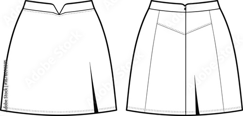 A-line skirt technical flat sketch with pleats, yoke, topstitching, zipper back, front notch waistband, panel seams illustration