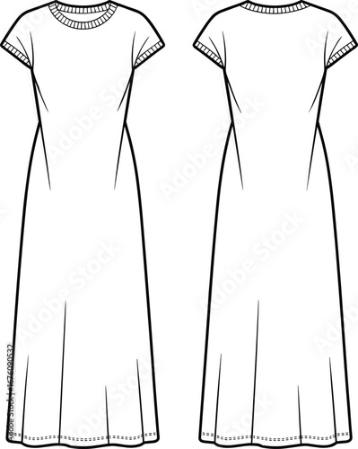 Long dress technical illustration, front and back view, round neckline, short sleeves, flared skirt, garment sketch, fashion drawing, sewing template