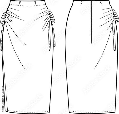 Long skirt technical fashion illustration with side ruching, adjustable drawstrings, front and back view, high waist vector sketch