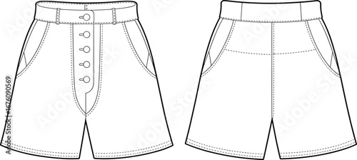 High-waisted technical fashion shorts illustration, front and back view, detailed line art, belt loops, button fly, topstitching, garment sketch
