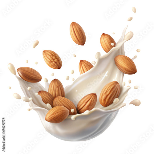 Almonds falling into fresh milk splash on white or transparent background