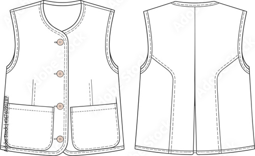 Sleeveless vest technical sketch, front and back view, fashion flat drawing, patch pockets, button front, tailored fit, apparel template, vector illustration