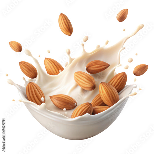 Almonds falling into fresh milk splash on white or transparent background