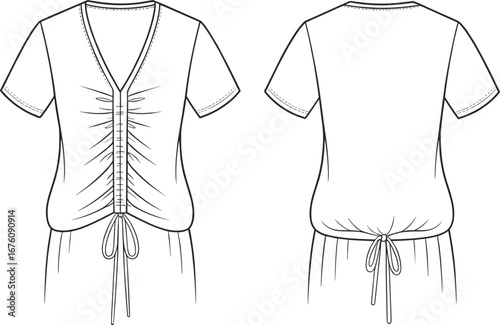 Technical fashion sketch of ruched short-sleeve top, V-neckline, drawstring detail, front and back view, garment design, apparel illustration