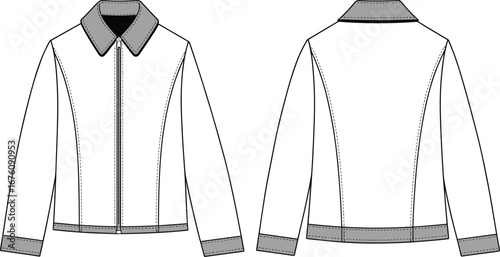 Technical flat sketch of jacket with pointed collar, zipper closure, contrasting panels, long sleeves, front and back view, fashion apparel illustration
