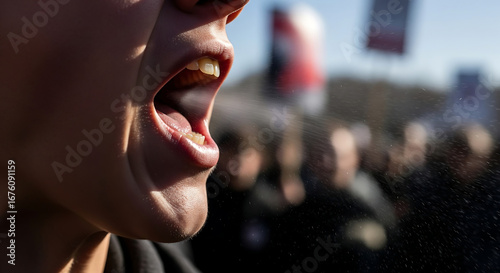Close-up of person shouting, mouth open, expressing strong emotion at a protest or rally amidst a blurred crowd.