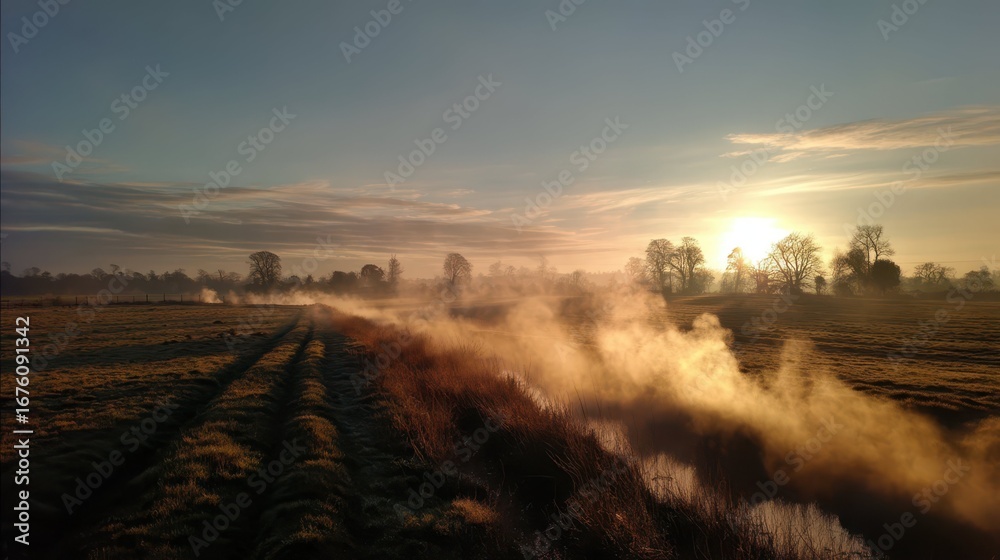 Fototapeta premium Misty Dawn Over Countryside Field with Steam Rising at Sunrise