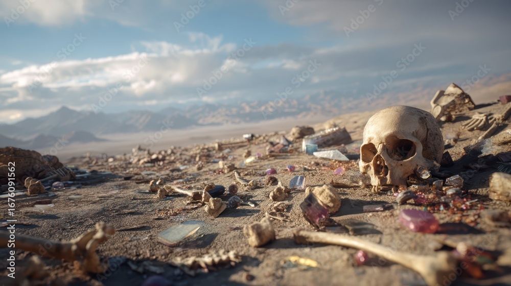 Obraz premium Deep Desert Scene with Scattered Bones and Relics in the Sand