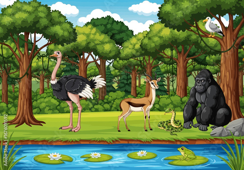 Vector art of a vibrant cartoon illustration of a diverse group of wild animals including an ostrich, gazelle, gorilla, snake, frog, and seagull in a lush forest setting with a pond