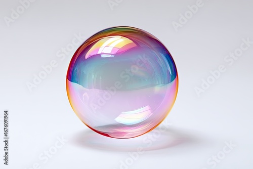 A perfect sphere, iridescent and glassy, sits on a plain background.  Colors shift from pink to purple to blue