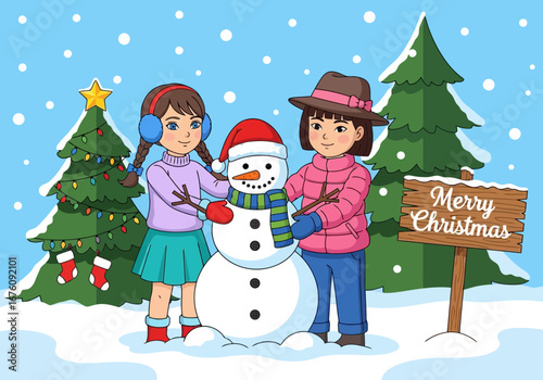 Vector art of two happy children building a snowman in a snowy forest with decorated christmas trees and a merry christmas sign