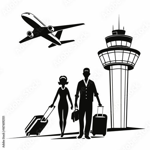 Airplane taking off from runway in black and white illustration  