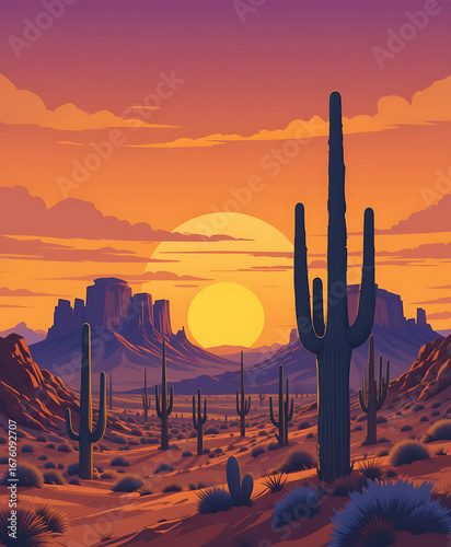 Vibrant desert landscape with saguaro cacti and mesas at sunset