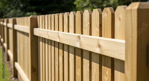 Wooden Picket Fence with Horizontal Rail.