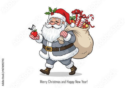 Vector art of cheerful santa claus carrying a sack full of gifts and a bird on his hand
