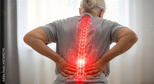 Elderly woman suffering from back pain, spinal column with arthritis, disc damage and chronic back pain designed for clinical scienc