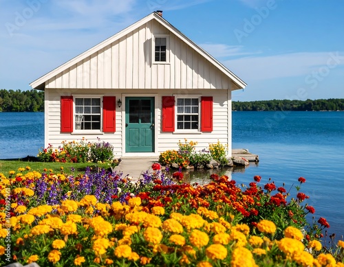 Wallpaper Mural Lakeside cabin with vibrant flowers Torontodigital.ca