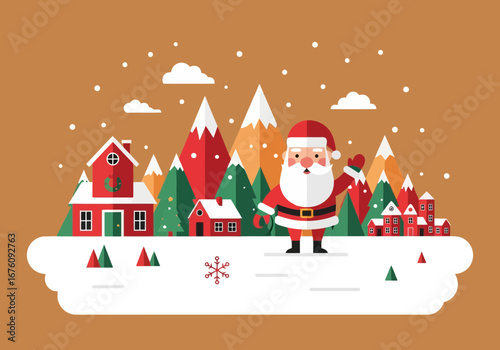Vector art of charming christmas scene featuring santa claus in a snowy village with festive houses and pine trees, perfect for holiday greetings and winter celebrations