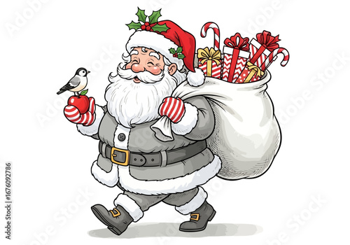 Vector art of happy santa claus with a sack full of gifts and a bird on his hand
