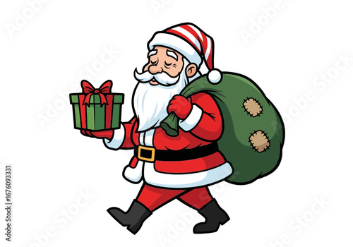 Vector art of cartoon illustration of santa claus walking with a sack of presents and holding a gift