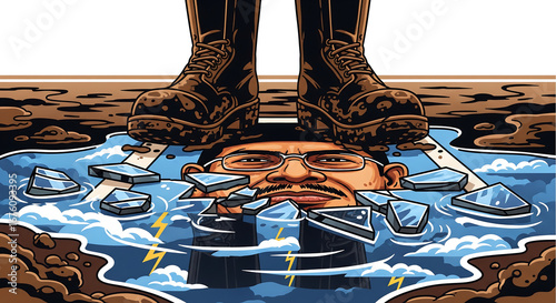 Heavy Boots Crushing Man's Head on Breaking Ice - Symbolizing Pressure, Oppression, and Overwhelm