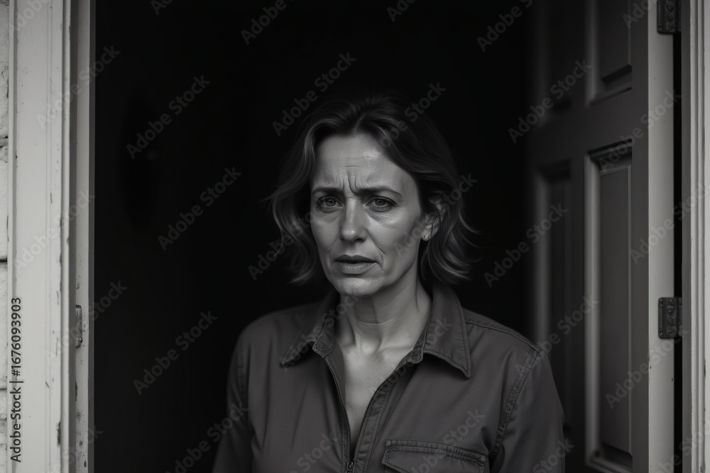 Fototapeta premium Woman stepping outside with tears and a worried expression in the dark 