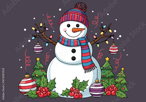 Vector art of happy snowman with colorful christmas lights, ornaments, holly berries, and pine trees, celebrating winter holidays