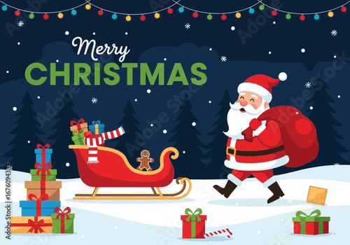 Vector art of merry christmas santa claus with sleigh full of gifts walking in snowy forest with festive lights and gingerbread man
