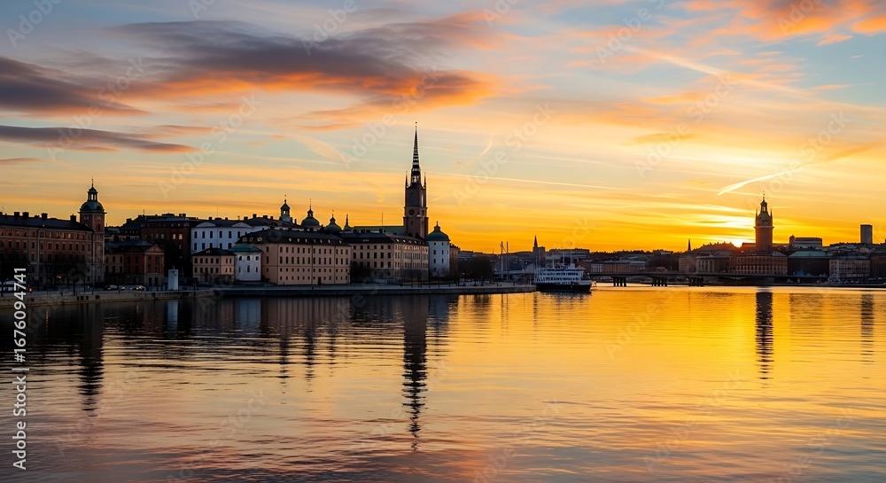 Naklejka premium Stockholm city skyline at sunset with vibrant reflections on the water.