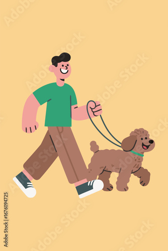 A happy man walking a poodle dog on a leash. Friendship, pet care, and daily life.