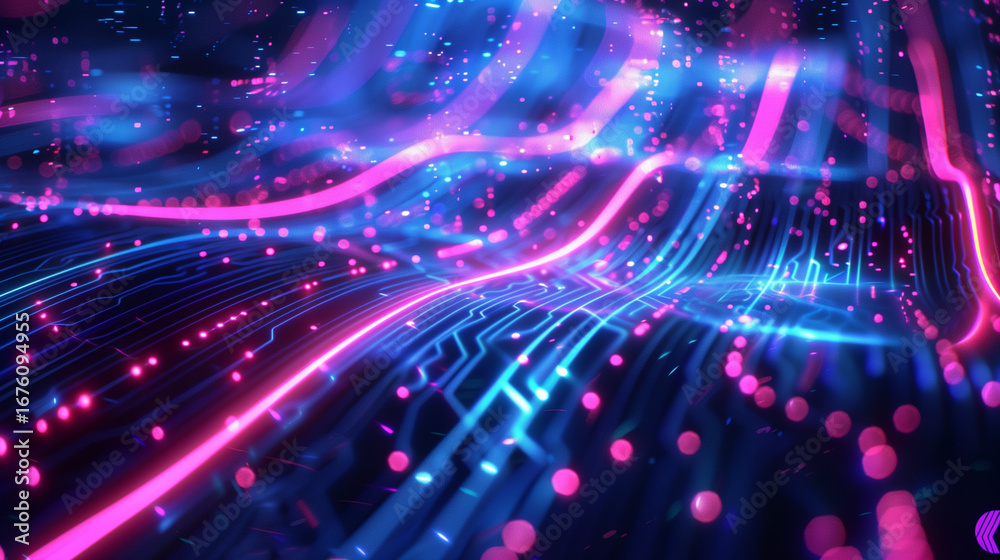 Fototapeta premium A vivid holographic circuit wave flows gracefully through a digital environment, showcasing bright hues of pink and blue