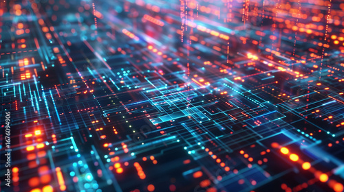 Wallpaper Mural A holographic data grid showcases a vibrant matrix of lines and glowing elements, illuminated in blues and oranges, creating a digital landscape full of dynamic visual information Torontodigital.ca