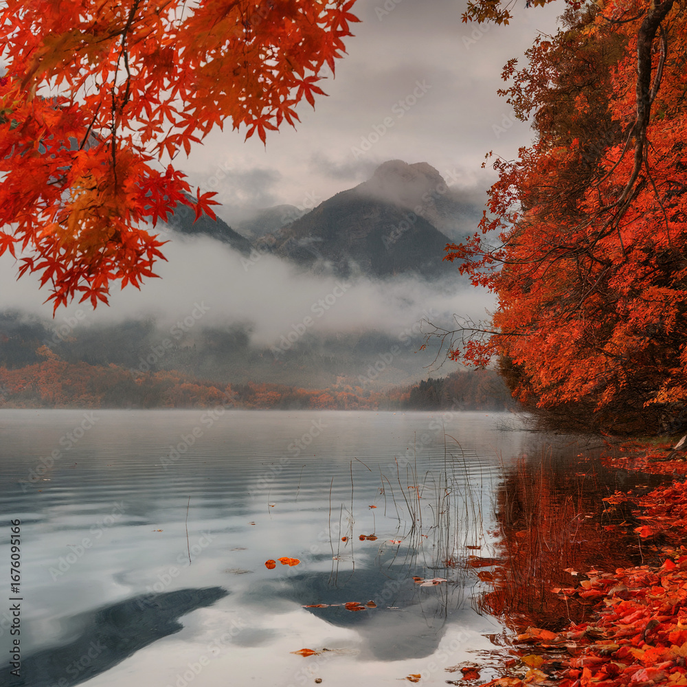 Fototapeta premium Serene Lakeside Autumn Scene with Vibrant Red Leaves and Misty Mountains