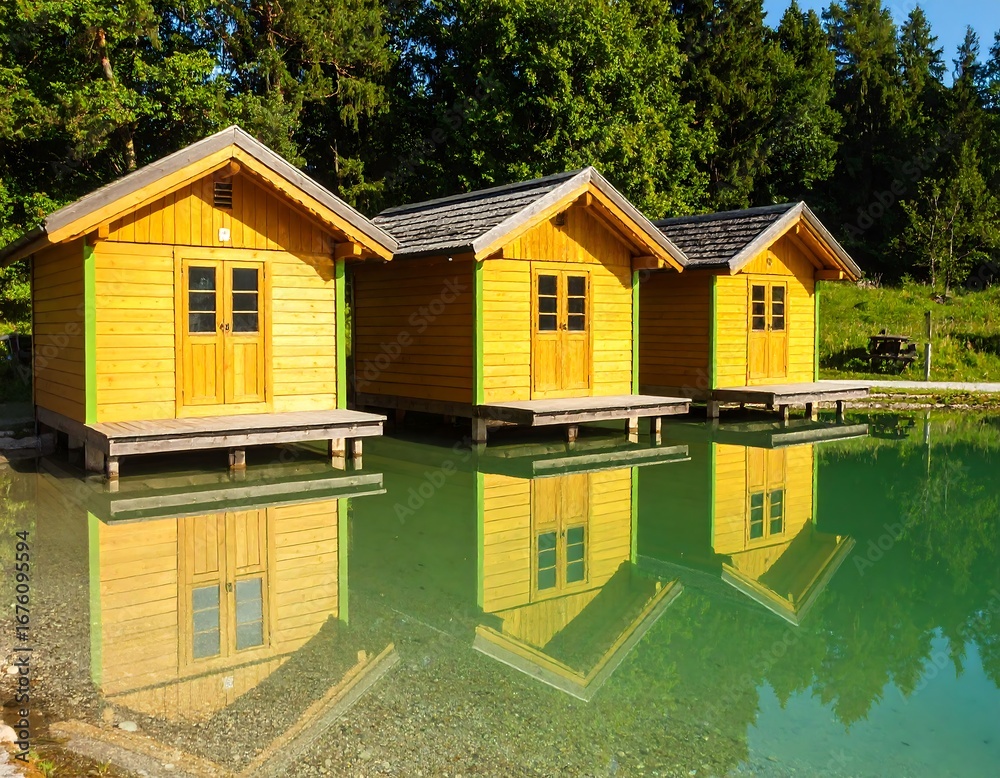 custom made wallpaper toronto digitalLakeside cabins reflect in tranquil water