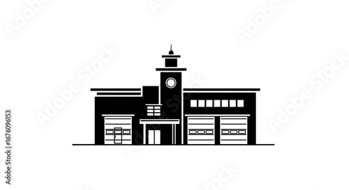 Black and White Silhouette of a Fire Station Building.